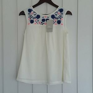 Boden Cream Blouse with Blue and Pink Embroidery